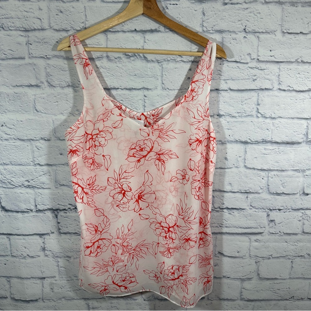 Cabi Sleeveless V-Neck Floral Semi Sheer Orange White Blouse Sz Large